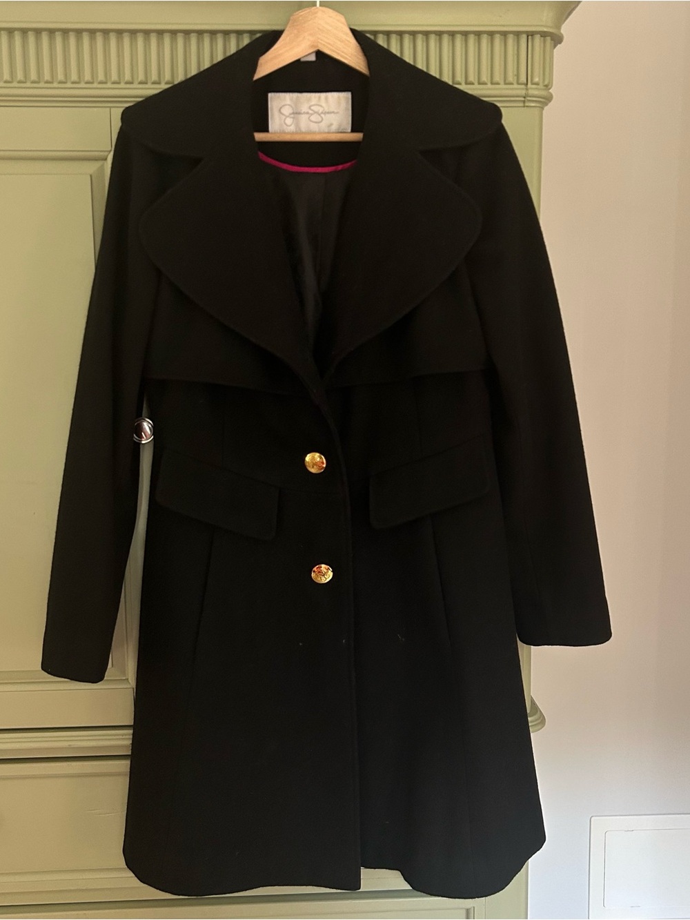 Jessica Simpson Black Trench Coat with Gold Buttons
